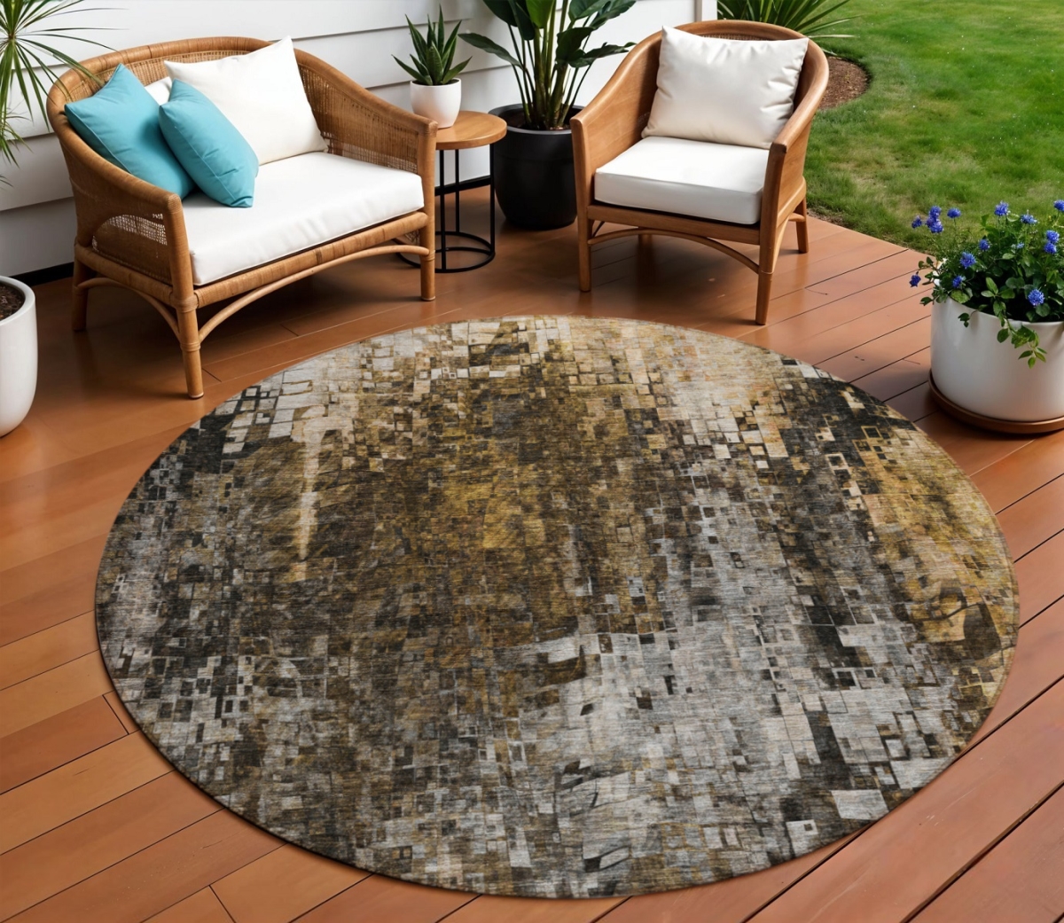 577237 8 ft. Round Abstract Washable Indoor & Outdoor Area Rug, Brown & Copper