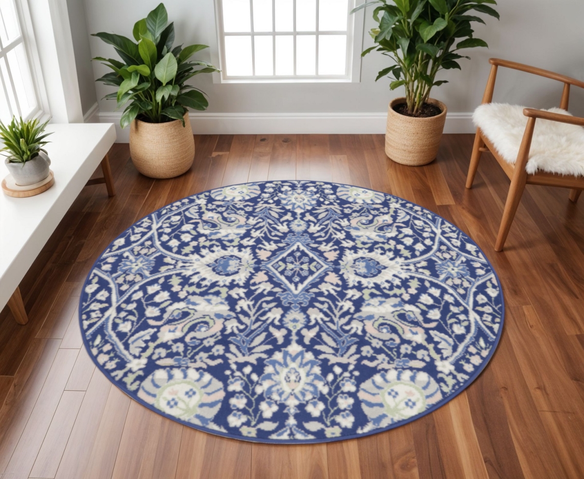 552317 8 ft. Floral Round Rug, Navy Blue, Ivory & Beige