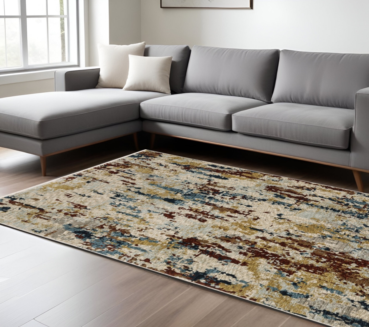 575030 10 x 13 ft. Abstract Distressed Rectangle Area Rug with Fringe, Beige, Rust & Light Blue