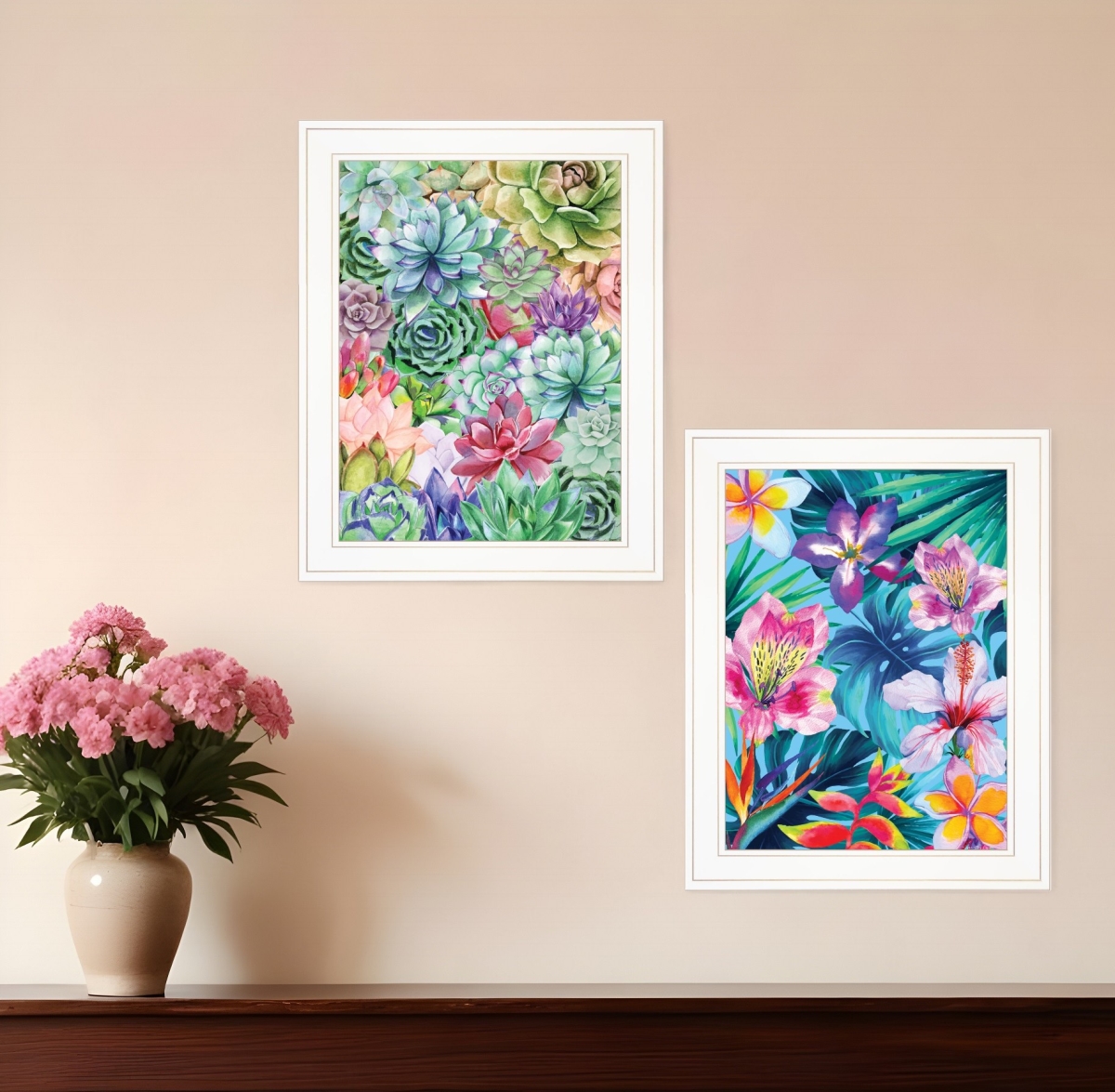 408078 Horizontal Succulents Paradise & Tropical Flowers White Framed Print Wall Art - Set of 2