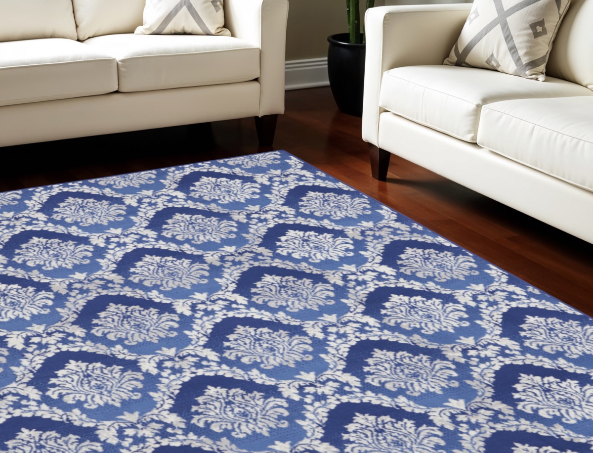 550617 7 x 10 ft. Damask Distressed Non Skid Rectangle Area Rug, Ivory & Blue