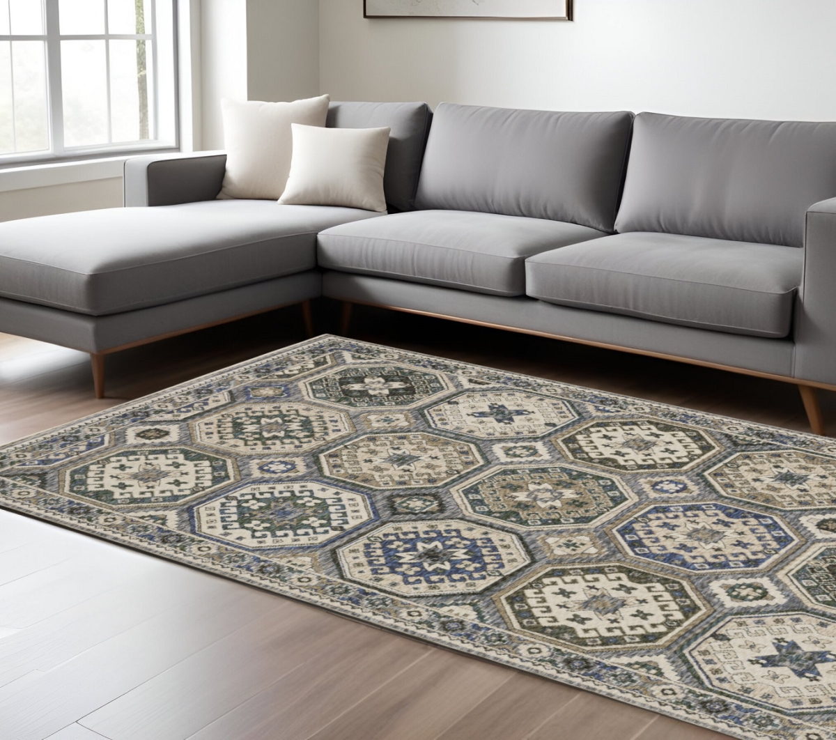 574966 10 x 13 ft. Medallion Rectangle Area Rug with Fringe, Ivory & Blue