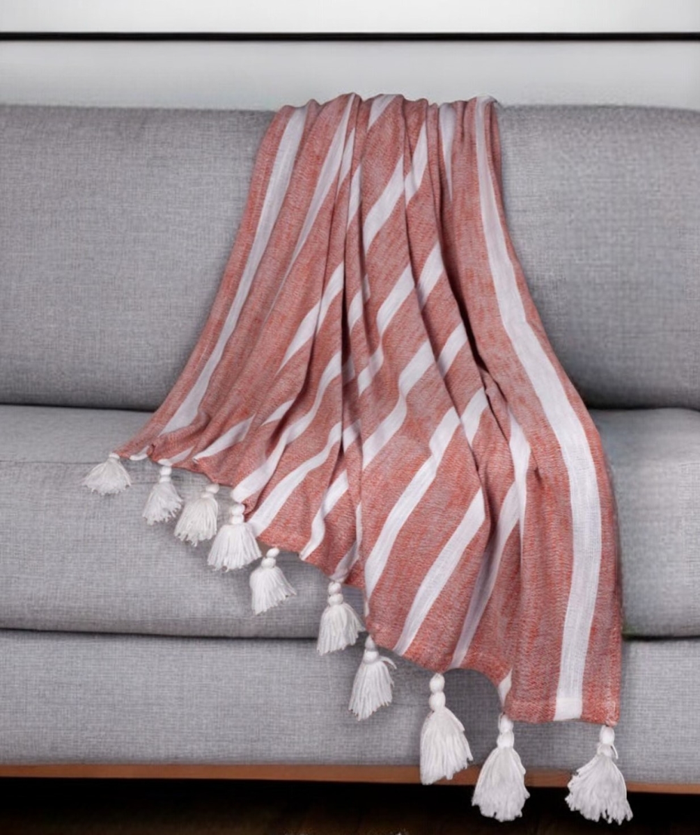 Rust Striped Cotton Throw Blanket - 50 x 60 in. - Machine Washable - with Tassels