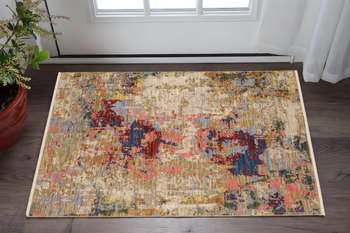 575472 3 x 5 ft. Abstract Rectangle Area Rug with Fringe, Beige, Salmon & Yellow