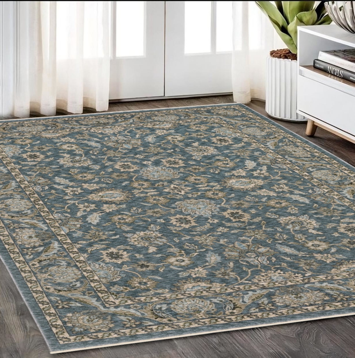 574735 5 x 8 ft. Oriental Rectangle Area Rug with Fringe, Blue & Beige
