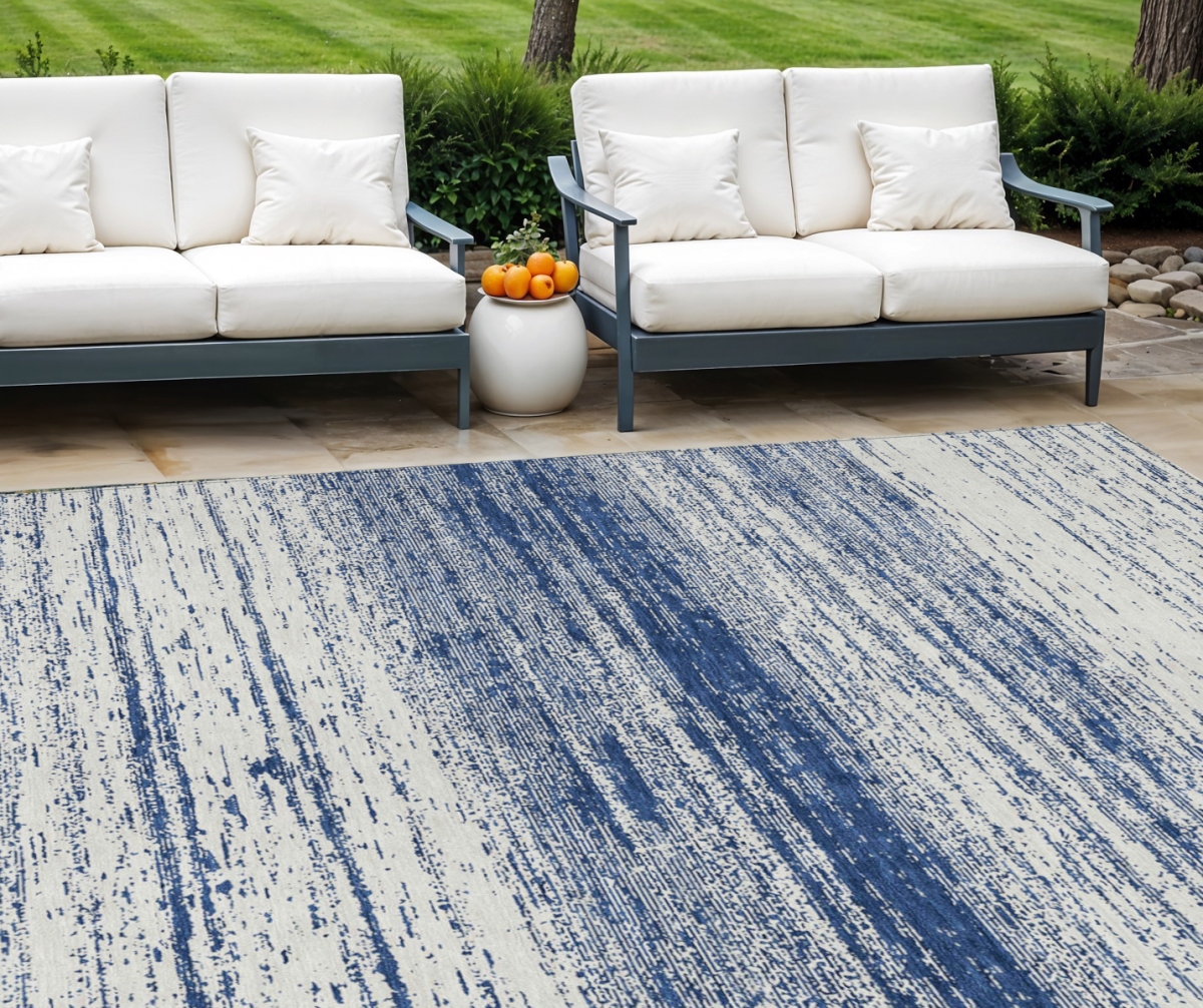 589708 9 x 12 ft. Striped Washable Indoor & Outdoor Rectangle Area Rug, Navy Blue & Ivory
