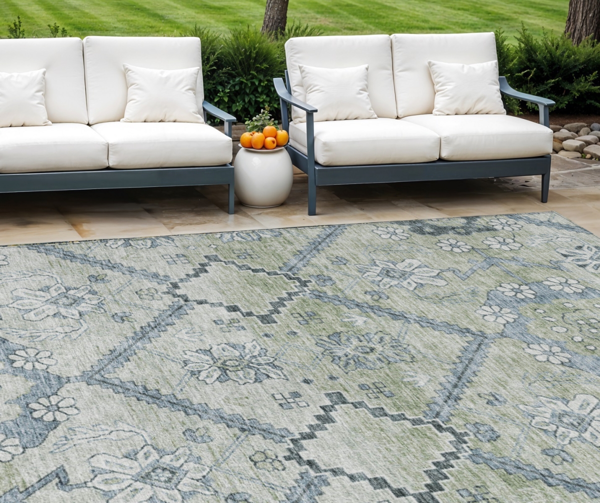 588856 9 x 12 ft. Floral Washable Indoor & Outdoor Rectangle Area Rug, Artichoke Green, Denim Blue & Silver