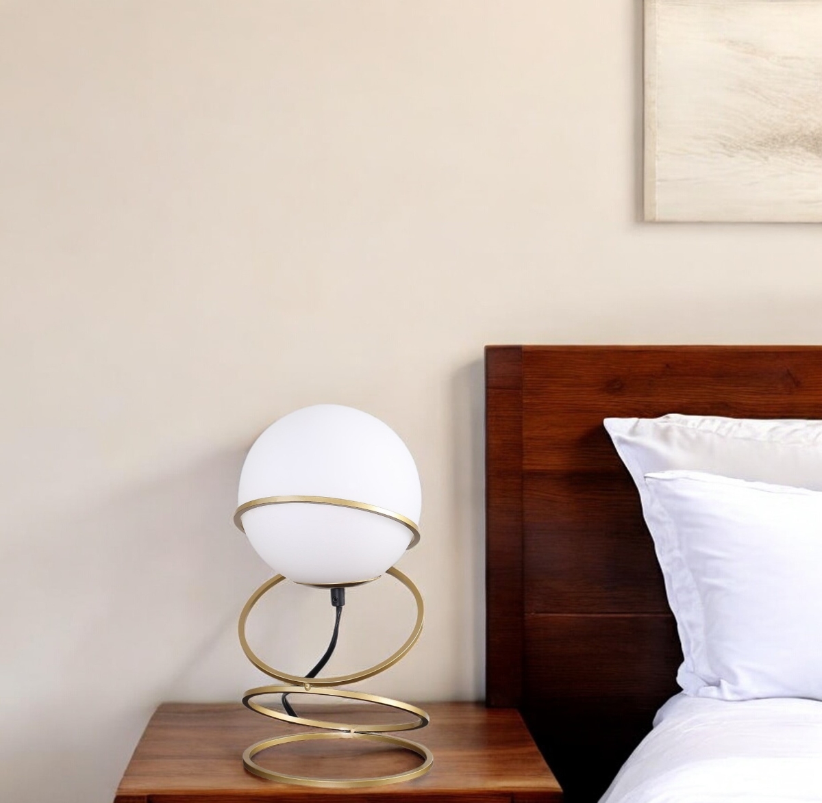 Modern Gold Spiral Bedside Lamp - White Globe Shade - 14 in. - Single - Stylish Design