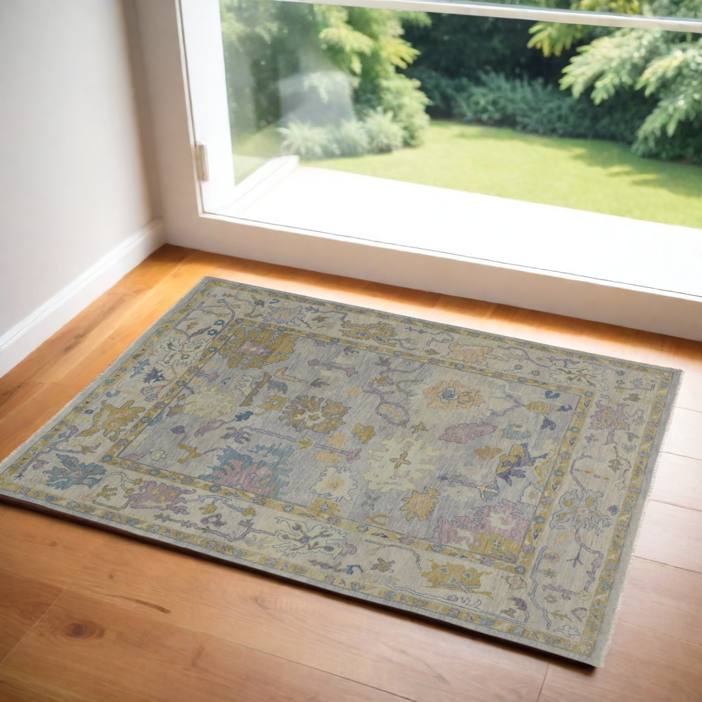 566255 2 x 3 ft. Wool Oriental Hand Knotted Rectangle Area Rug with Fringe, Purple, Gray & Gold