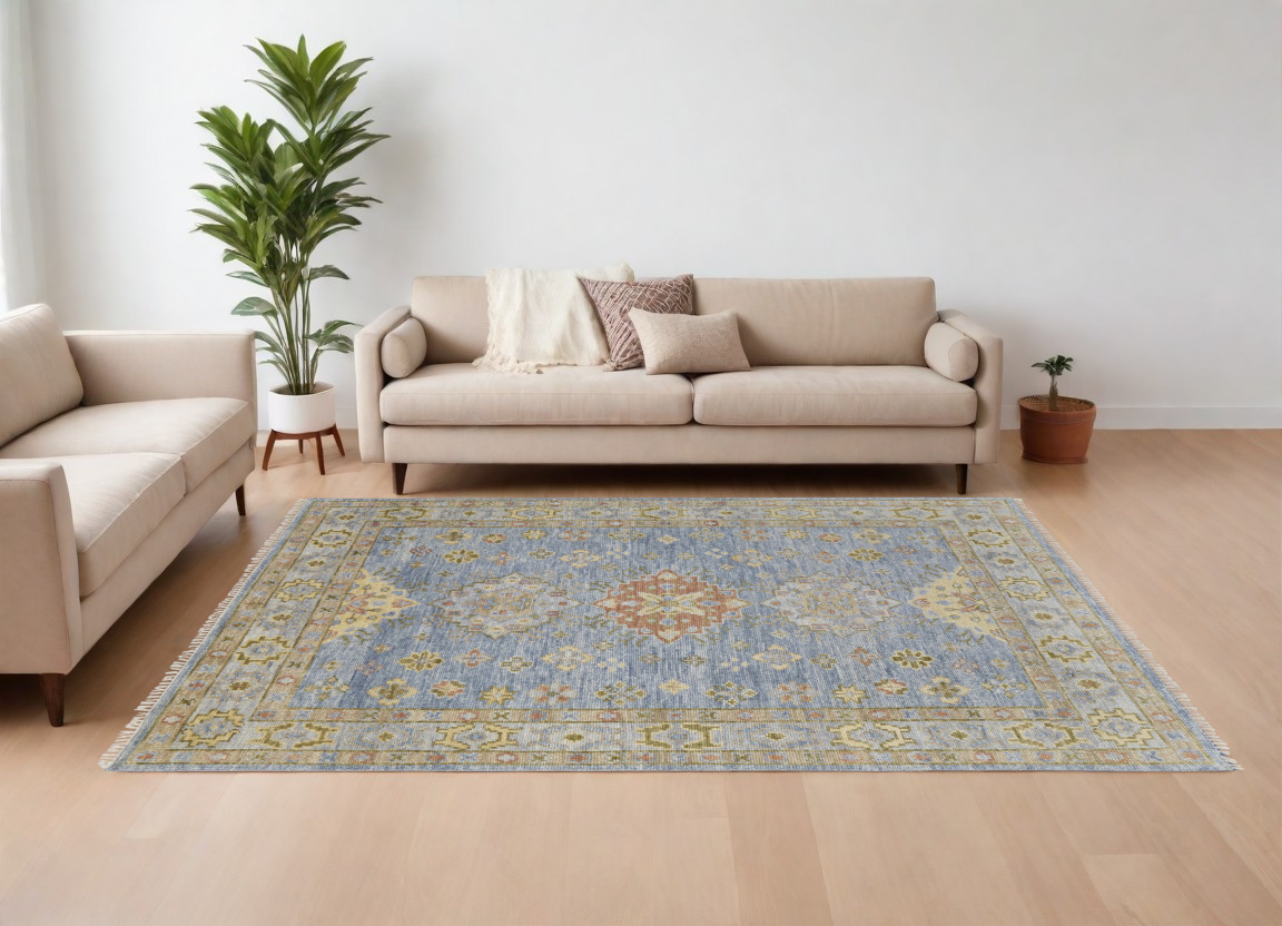 567119 10 x 14 ft. Wool Geometric Hand Knotted Rectangle Area Rug with Fringe, Green, Blue & Yellow
