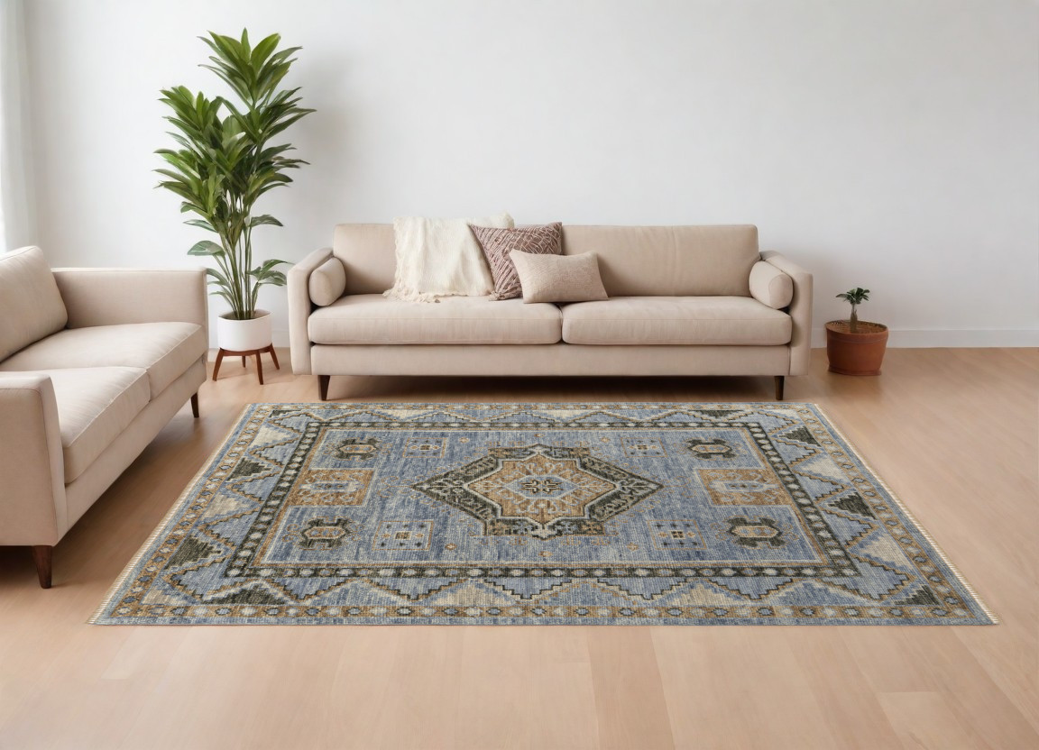 567043 9 x 12 ft. Wool Oriental Hand Knotted Rectangle Area Rug with Fringe, Ivory, Tan & Blue