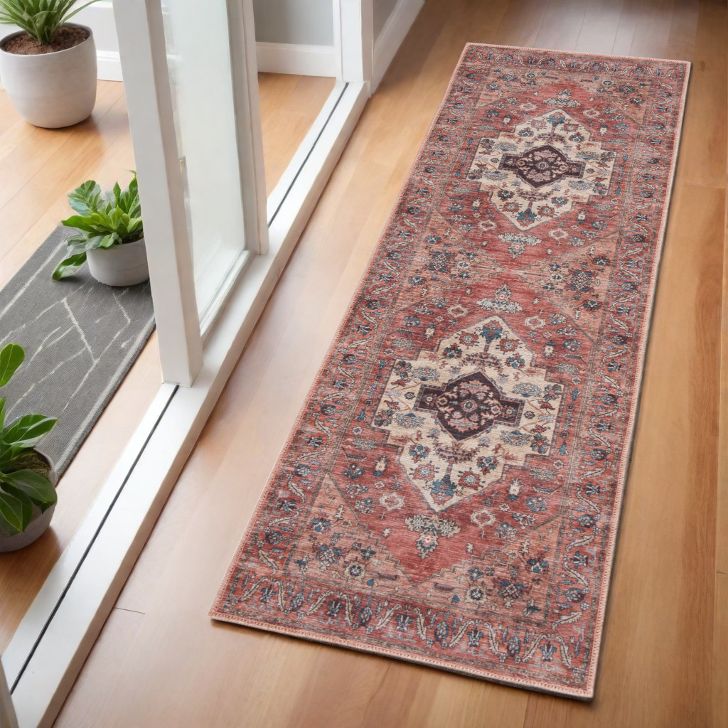 533309 6 ft. Oriental Power Loom Distressed Washable Non Skid Runner Rug, Red & Ivory