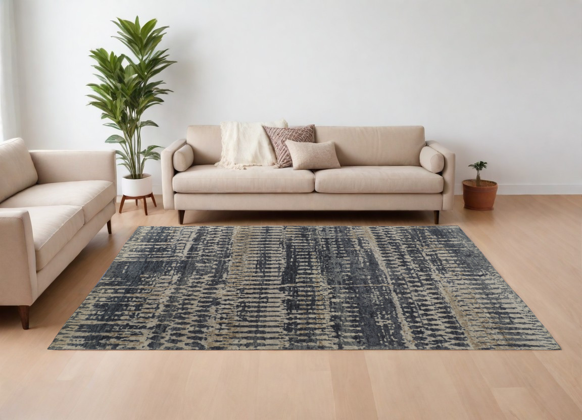 567545 8 x 10 ft. Wool Abstract Hand Knotted Rectangle Area Rug, Blue, Gray & Tan