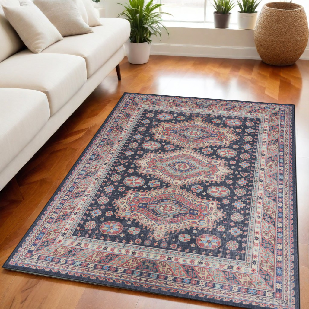 546493 5 x 7 ft. Medallion Distressed Non Skid Rectangle Area Rug, Navy Blue & Red
