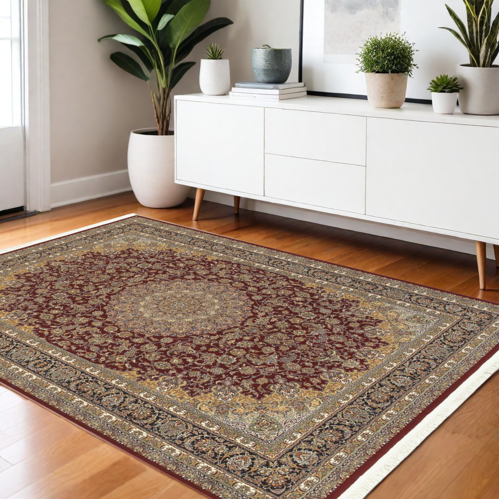 574480 4 x 5 ft. Medallion Machine Made Rectangle Area Rug with Fringe, Ivory, Red & Orange
