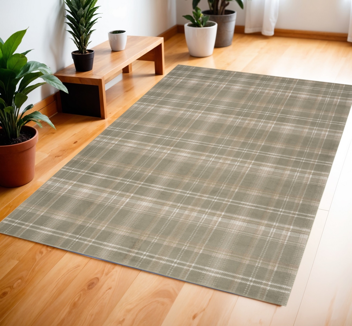 569846 4 x 6 ft. Plaid Machine Made Rectangle Area Rug, Olive Green & Ivory