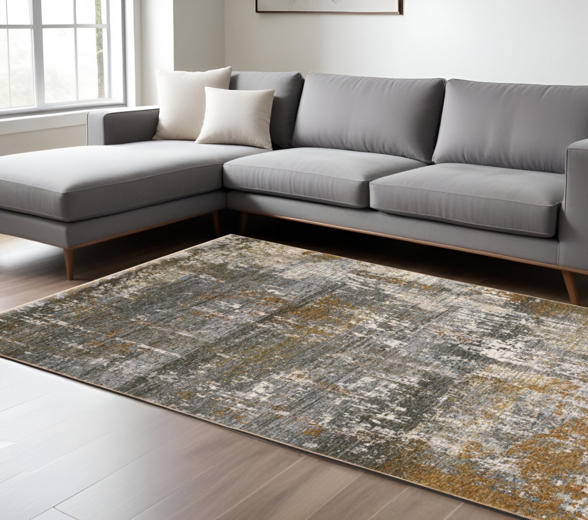 575883 7 x 10 ft. Abstract Rectangle Area Rug with Fringe, Gray & Gold