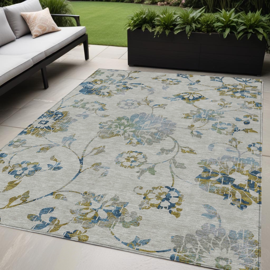 589507 5 x 8 ft. Floral Washable Indoor & Outdoor Rectangle Area Rug, Taupe, Navy Blue & Denim Blue