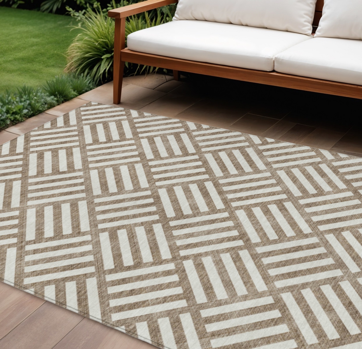 578728 9 x 12 ft. Geometric Washable Indoor & Outdoor Rectangle Area Rug, Brown & Ivory