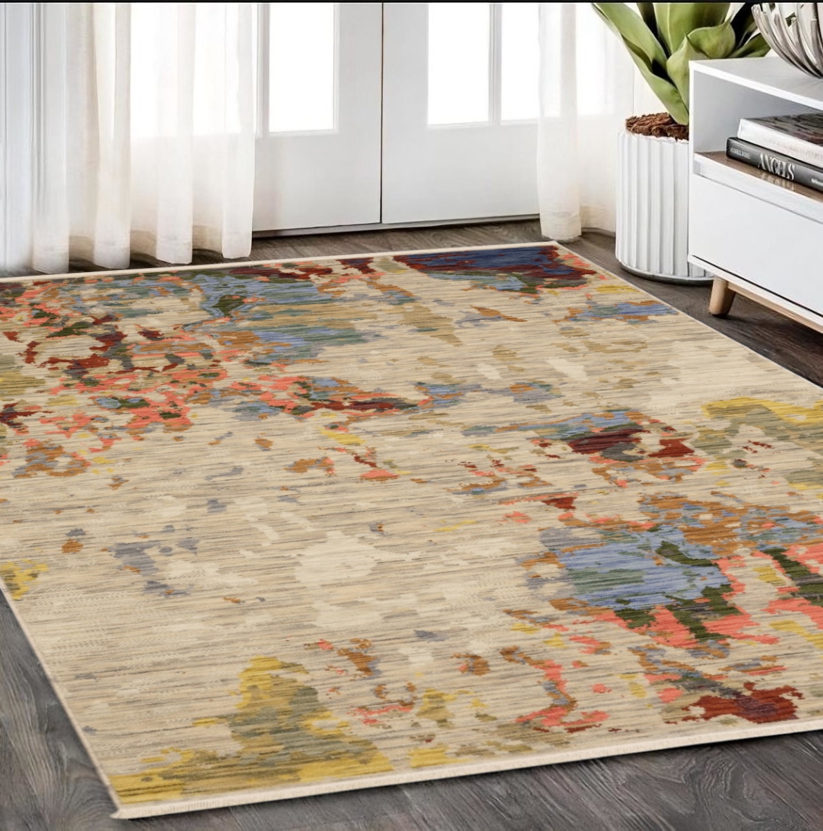 575670 5 x 8 ft. Abstract Rectangle Area Rug with Fringe, Beige, Tan & Light Blue