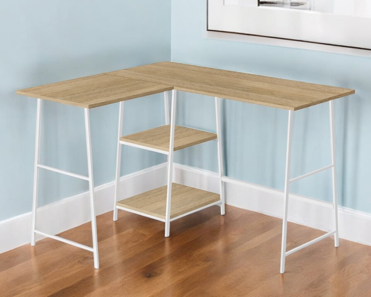 489993 42 in. Natural & White Wood & Metal L Shape Computer Desk