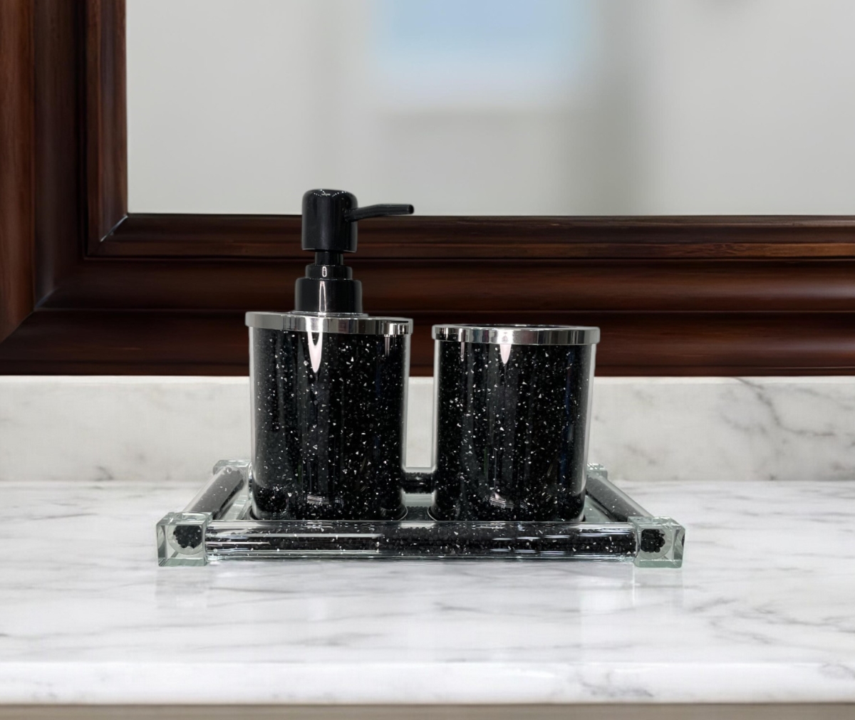 Picture of HomeRoots 571658 3 Piece Black Silver & Clear Glass Bling Bathroom Accessory Set