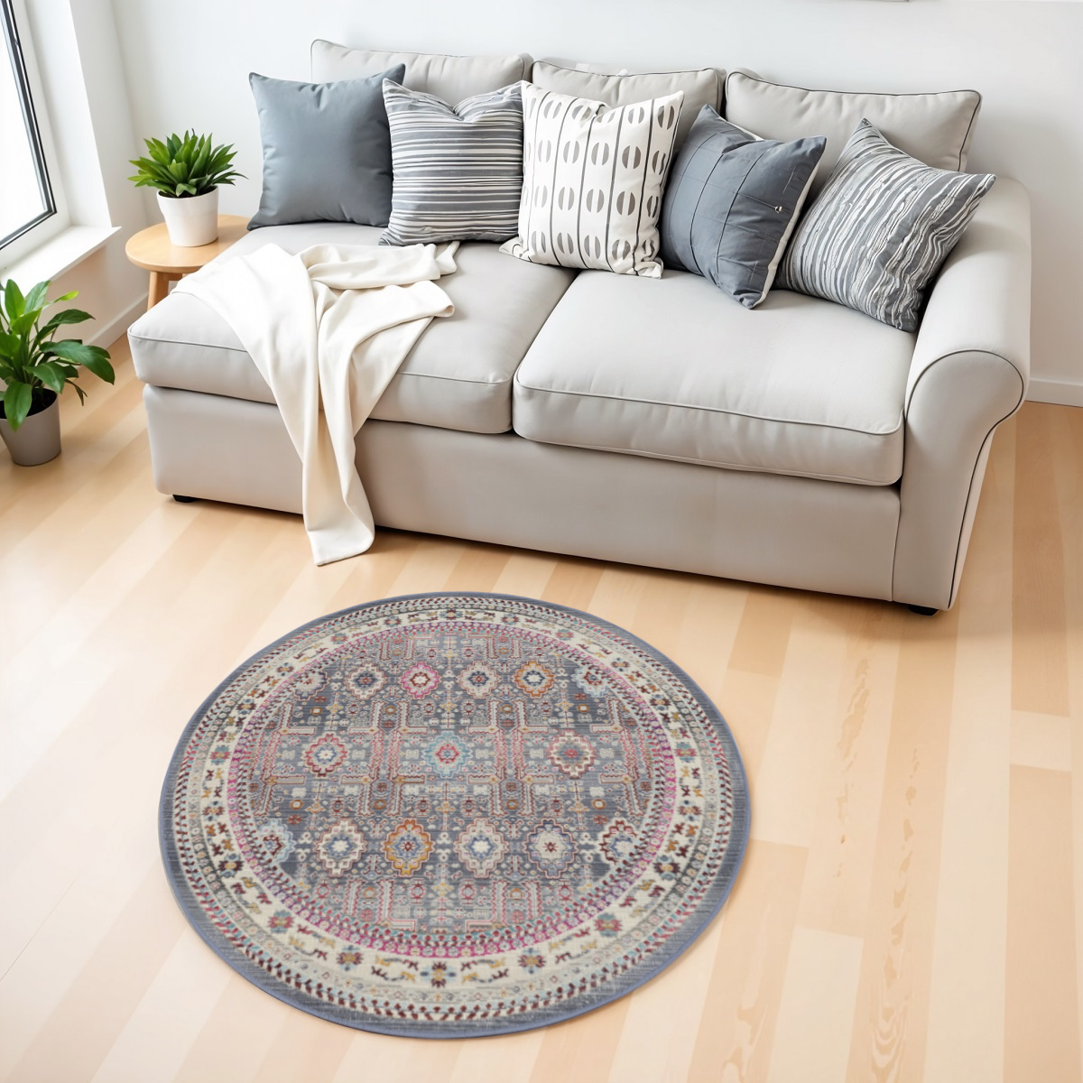552439 4 ft. Floral Distressed Round Rug, Ivory, Pink & Gray