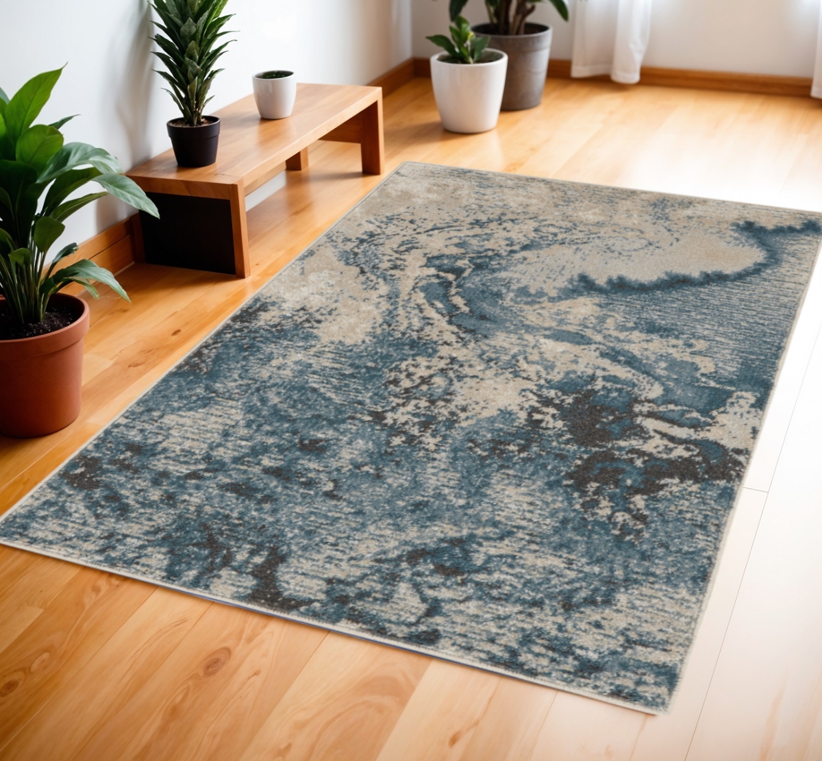 553216 4 x 6 ft. Abstract Rectangle Area Rug, Ivory, Teal Blue & Black