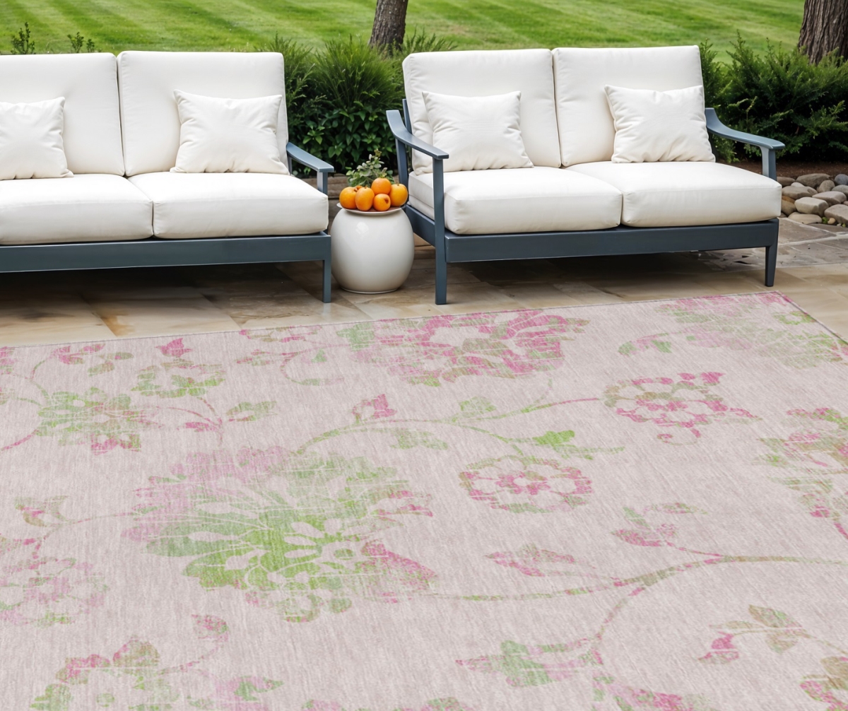589491 8 x 10 ft. Floral Washable Indoor & Outdoor Rectangle Area Rug, Pink, Blush & Artichoke Green