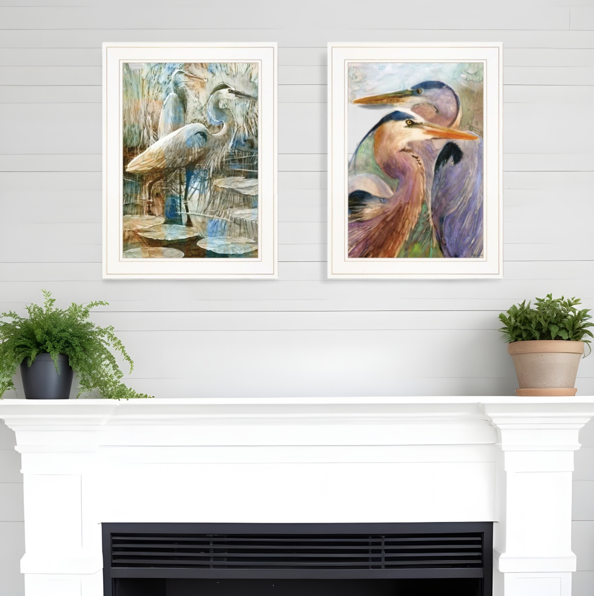 408043 Blue Heron Duet White Framed Print Wall Art - Set of 2
