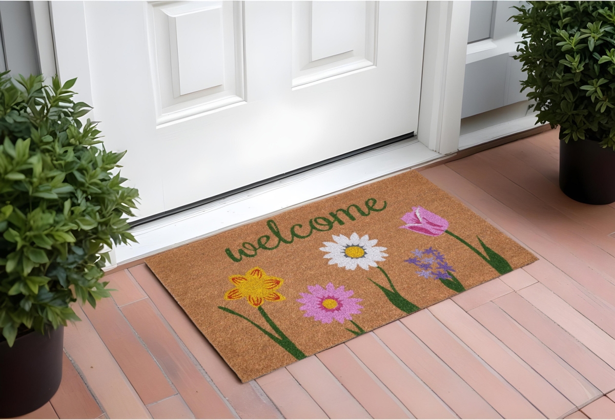 555204 17 x 29 in. Natural Pink & Green Coir Floral Welcome Outdoor Door Mat
