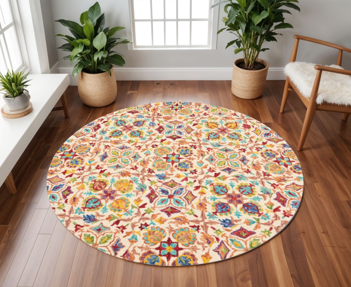 552334 8 ft. Wool Floral Hand Tufted Round Rug, Ivory, Red & Orange