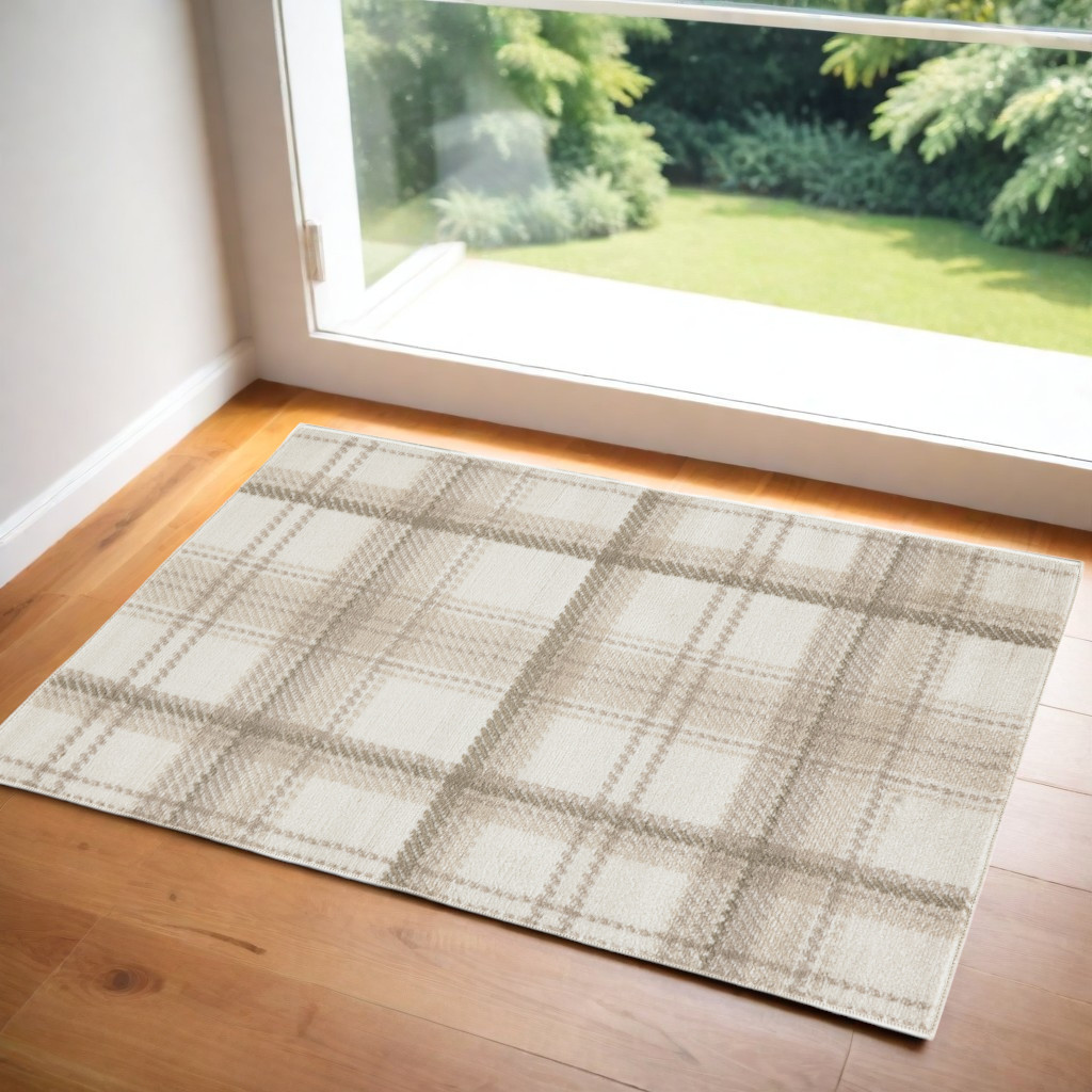 572455 3 x 5 ft. Ivory Plaid Power Loom Rectangle Area Rug