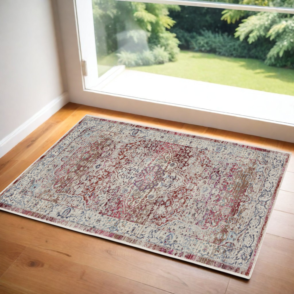 552691 2 x 4 ft. Floral Distressed Rectangle Area Rug, Ivory, Red & Brown