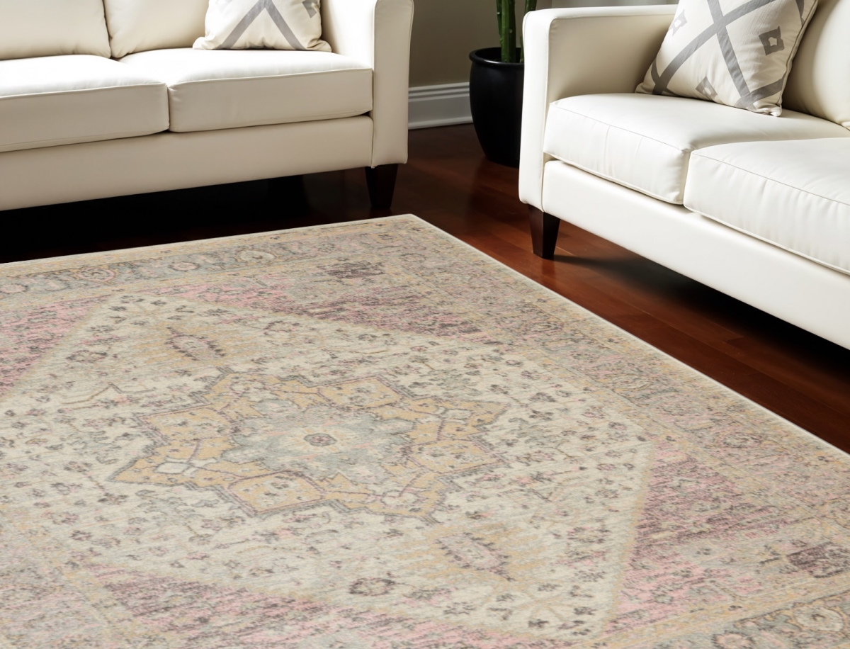 550900 6 x 9 ft. Floral Medallion Distressed Rectangle Area Rug, Ivory, Pink & Gray