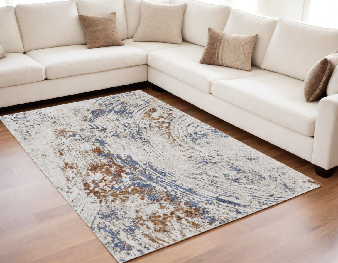 567218 5 x 8 ft. Abstract Power Loom Rectangle Area Rug, Ivory, Blue & Brown