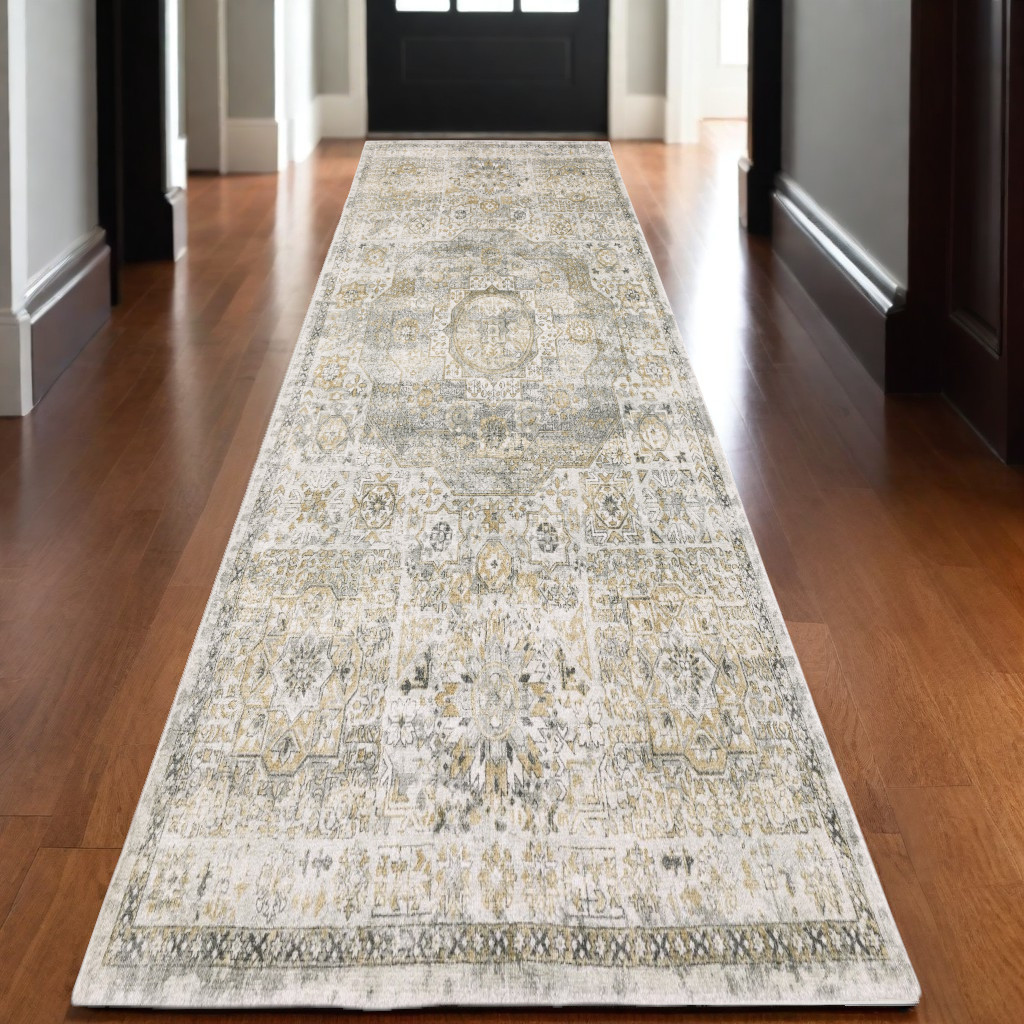 575501 10 ft. Medallion Hand Tufted Runner Rug, Gray & Gold