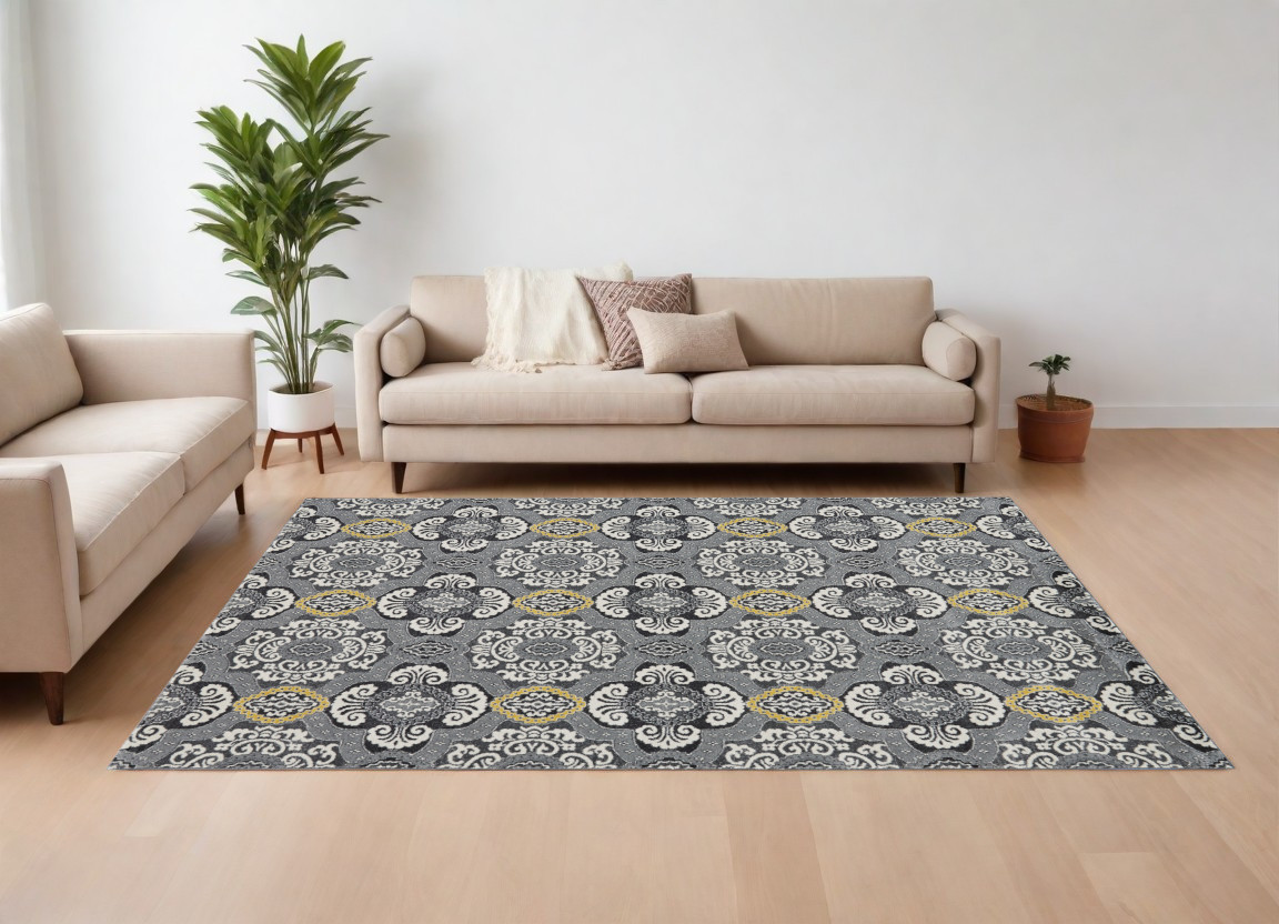 565658 10 x 13 ft. Damask Power Loom Rectangle Area Rug, Gray, Ivory & Yellow