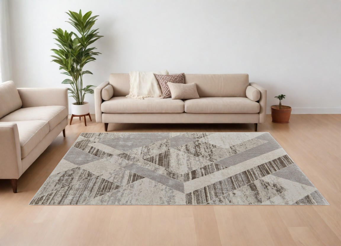 567816 10 x 14 ft. Geometric Power Loom Rectangle Area Rug, Ivory, Gray & Brown