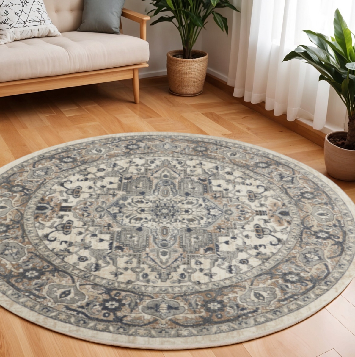 545181 10 ft. Round Medallion Power Loom Distressed Area Rug, Gray & Ivory