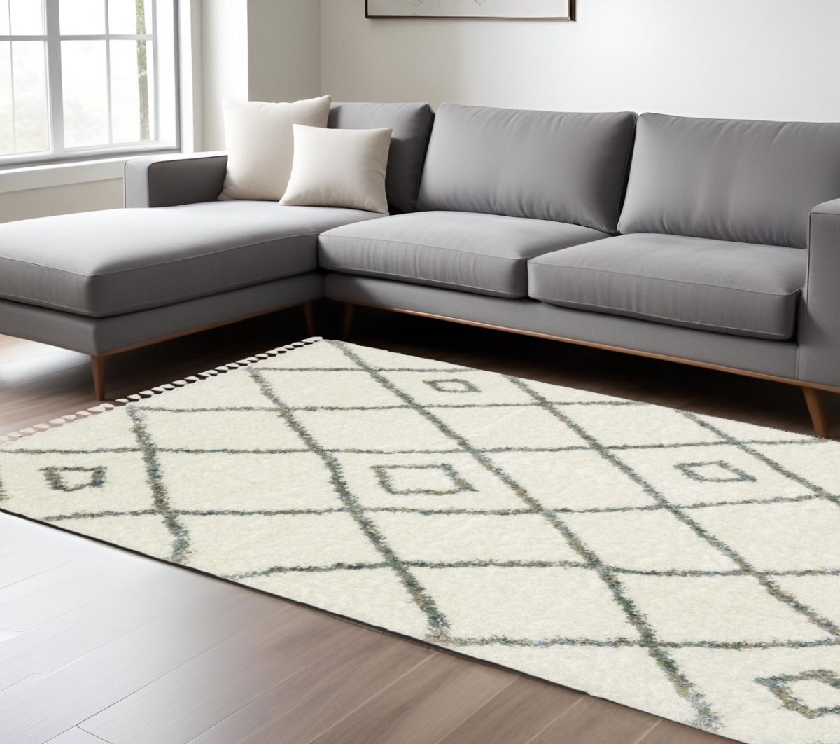 574636 10 x 13 ft. Diamond Shag Rectangle Area Rug with Fringe, Ivory, Gray & Tan