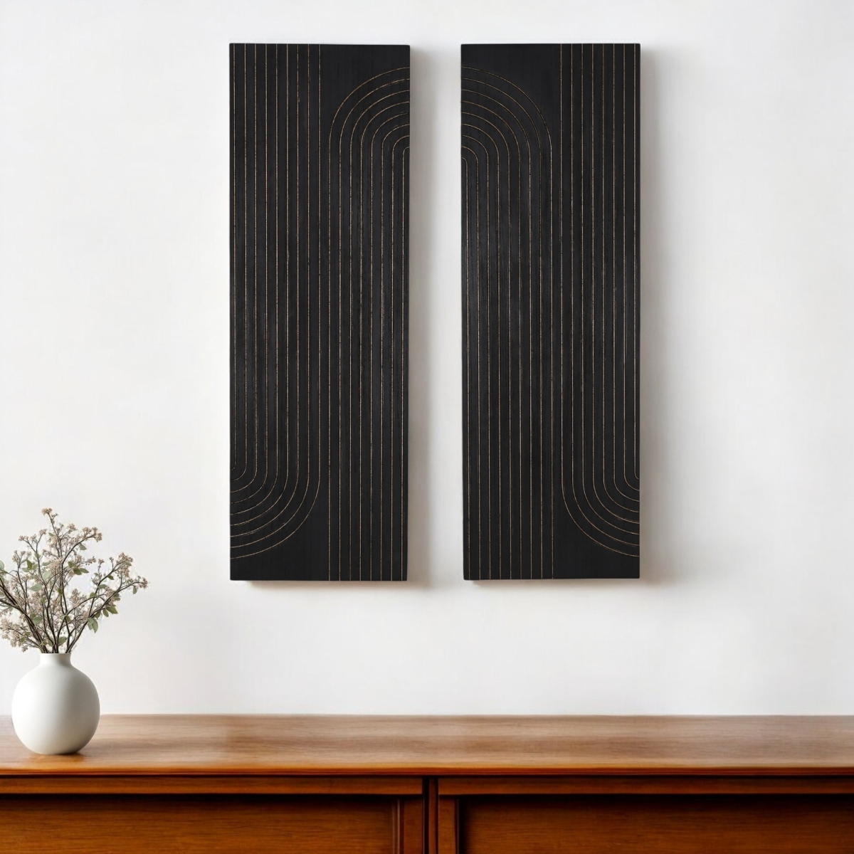 Picture of HomeRoots 574022 36 x 12 in. Black Carved Wood Hanging Dimensional Sculptures - Set of 2