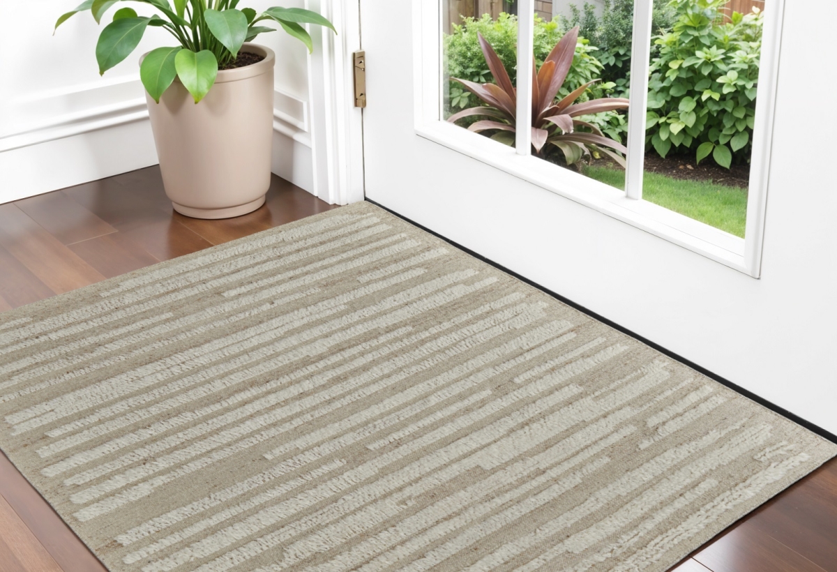 566566 2 x 3 ft. Wool Striped Hand Woven Rectangle Area Rug, White & Tan