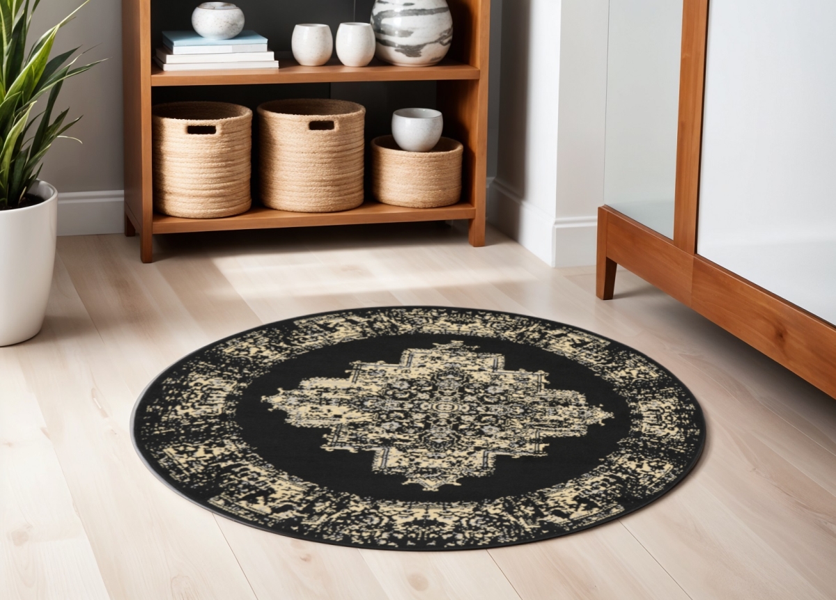 546026 5 ft. Medallion Distressed Non Skid Round Rug, Tan & Black