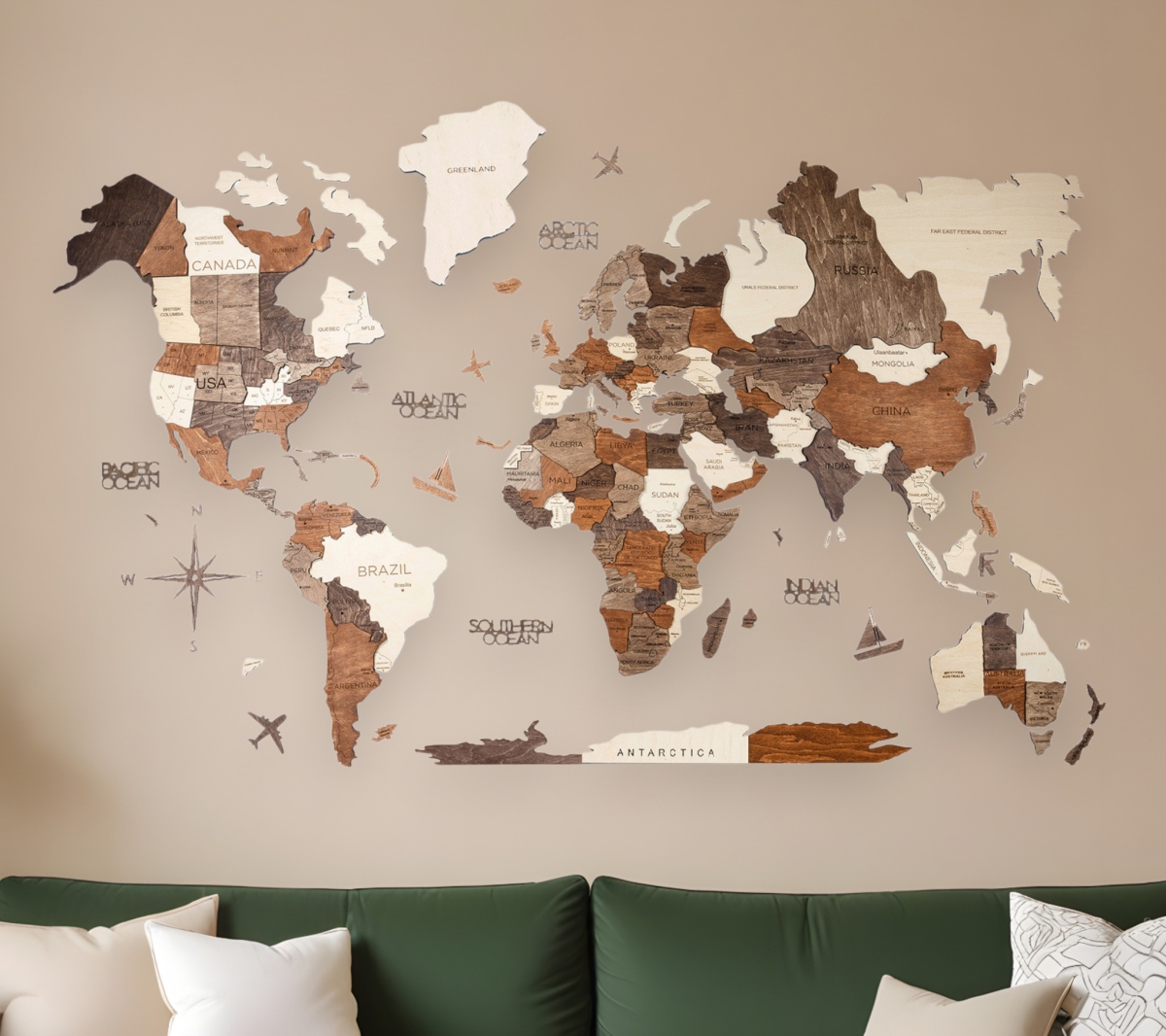Picture of HomeRoots 521579 Horizontal 47 x 79 in. Brown & Beige Wood World Map Hanging Dimensional Sculpture