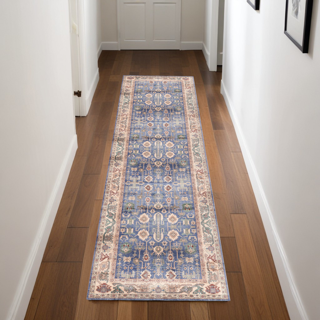 546474 8 ft. Oriental Distressed Non Skid Runner Rug, Beige, Blue & Red