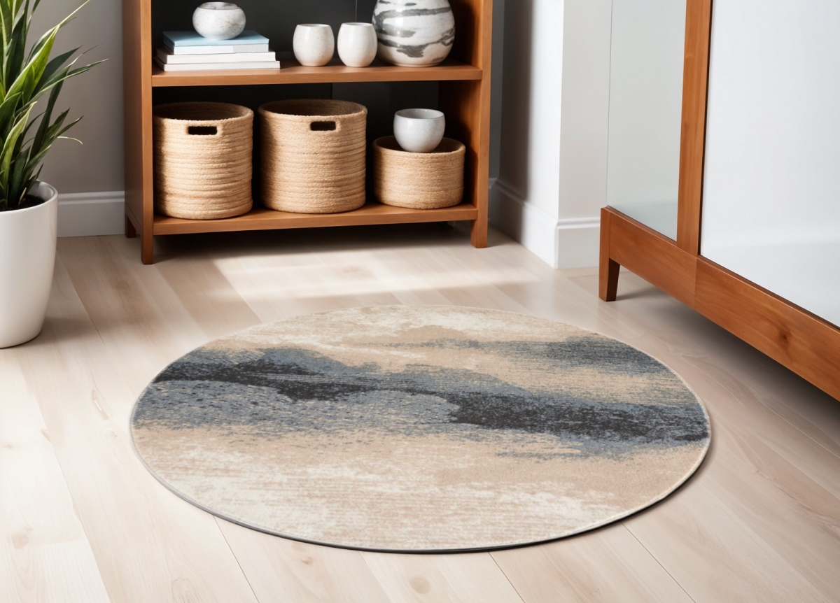 550496 5 ft. Abstract Non Skid Round Rug, Gray, Black & Beige
