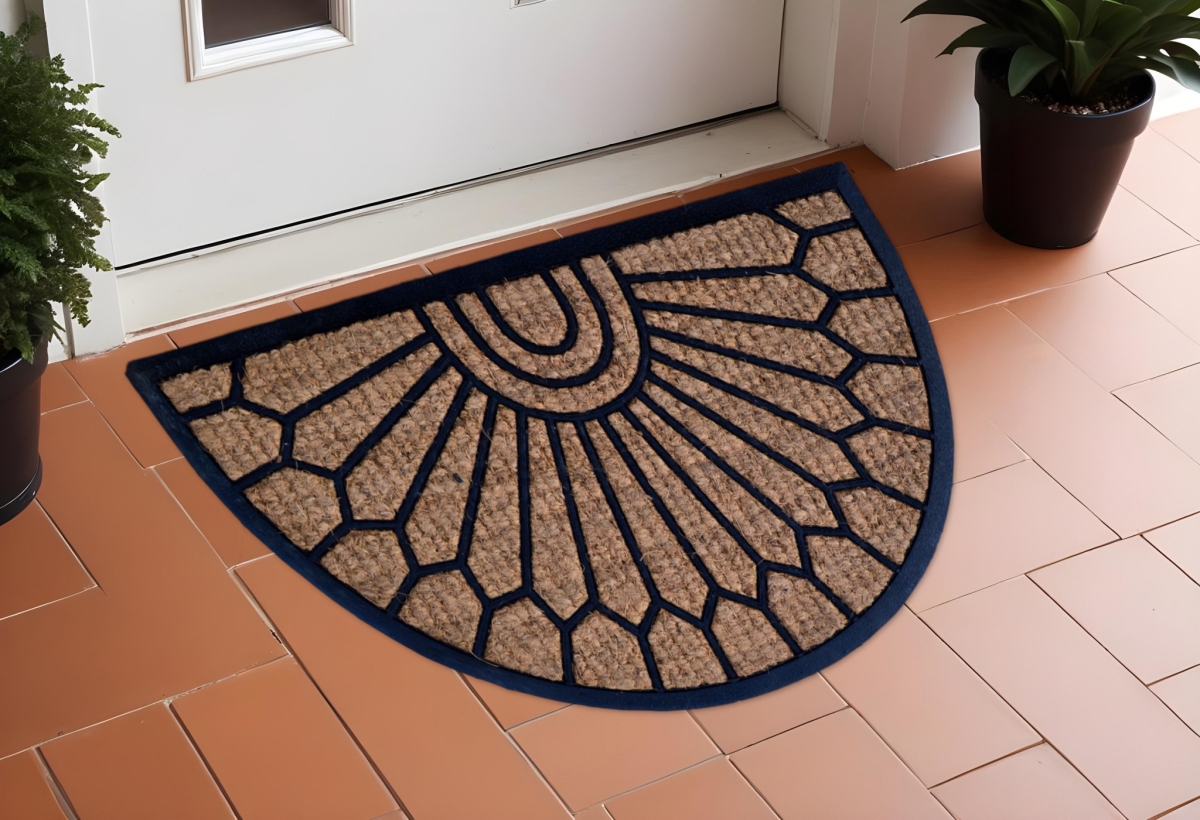 Geometric Rubber Semi-Circle Door Mat - Brown & Black - 18 x 30 in. - Durable Design