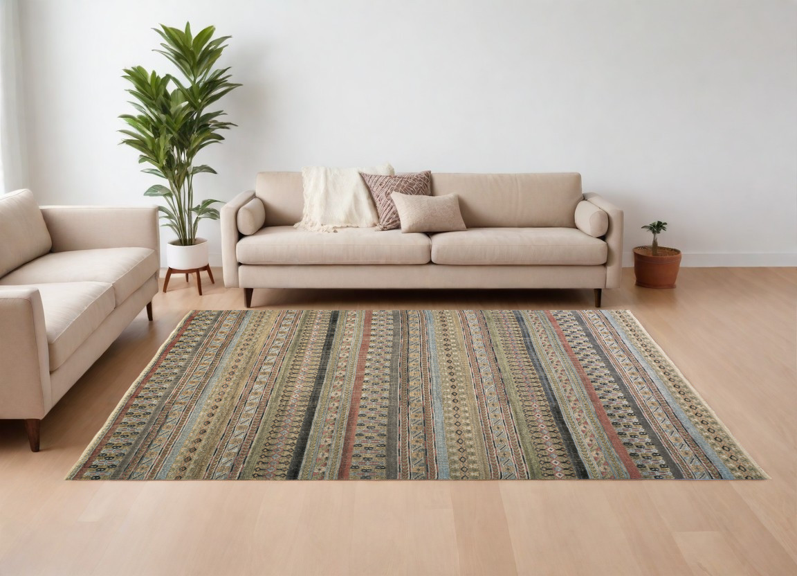 566400 12 x 15 ft. Striped Hand Knotted Rectangle Area Rug, Tan, Blue & Orange