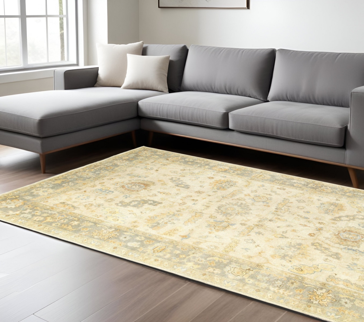 576045 8 x 10 ft. Wool Oriental Hand Knotted Rectangle Area Rug, Beige & Gray